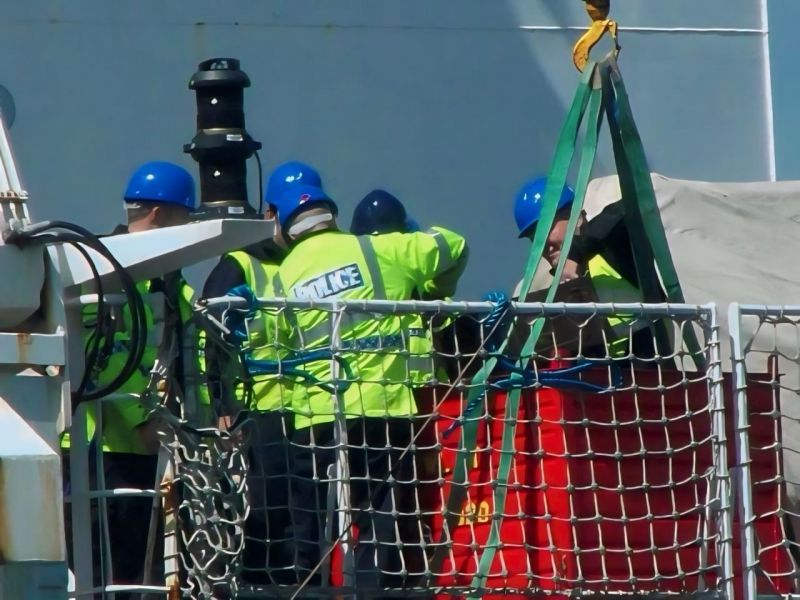 UKAEAC officers oversee the delivery of equipment to a nuclear cargo ship, early 2000s.
Submitted by: Matthew Okuhara
