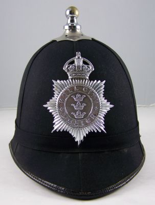 Hull City Police Helmet
Hull City Police helmet; pre 1952; ball top with star base; chromed two part helmet plate
Keywords: Hull helmet