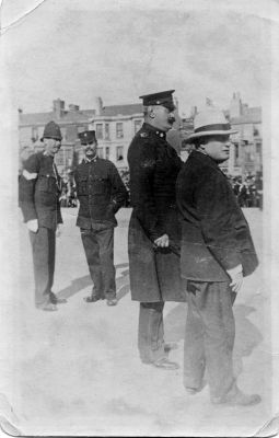 BLACKPOOL COUNTY BOROUGH POLICE, Sgt
I believe that the other two police officers are from the Lancashire Constaulary.
A Constable wearing a kepi and possibly an Inspector in a frock coat.
There are what may be names on the reverse, but it is illegible.
