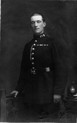 GLOSSOP BOROUGH POLICE, PC18
Officer is wearing the ribbon for a Military Medal, as well as a WW1 trio.
Photo taken by Ernest Battey art studio, Glossop.
First name: Colin
Keywords: Glossop