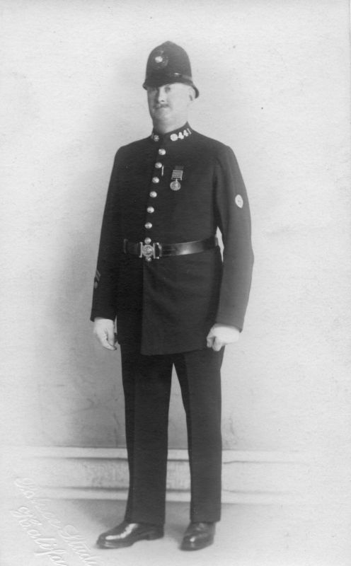 WEST RIDING CONSTABULARY, PC 441
The back of the card is dated 09/02/1929 and states that he has 27 years 5 months service.
He is wearing the Queens South Africa medal with 5 bars.
