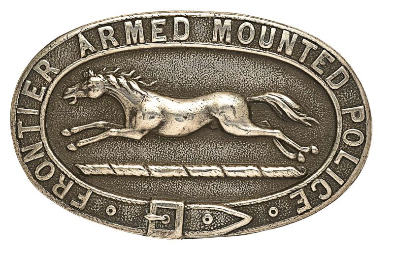 Frontier Armed & Mounted Police arm badge 
Blackened White Metal E/W Copper Lugs
Keywords: Frontier Armed & Mounted Police Arm-Badge